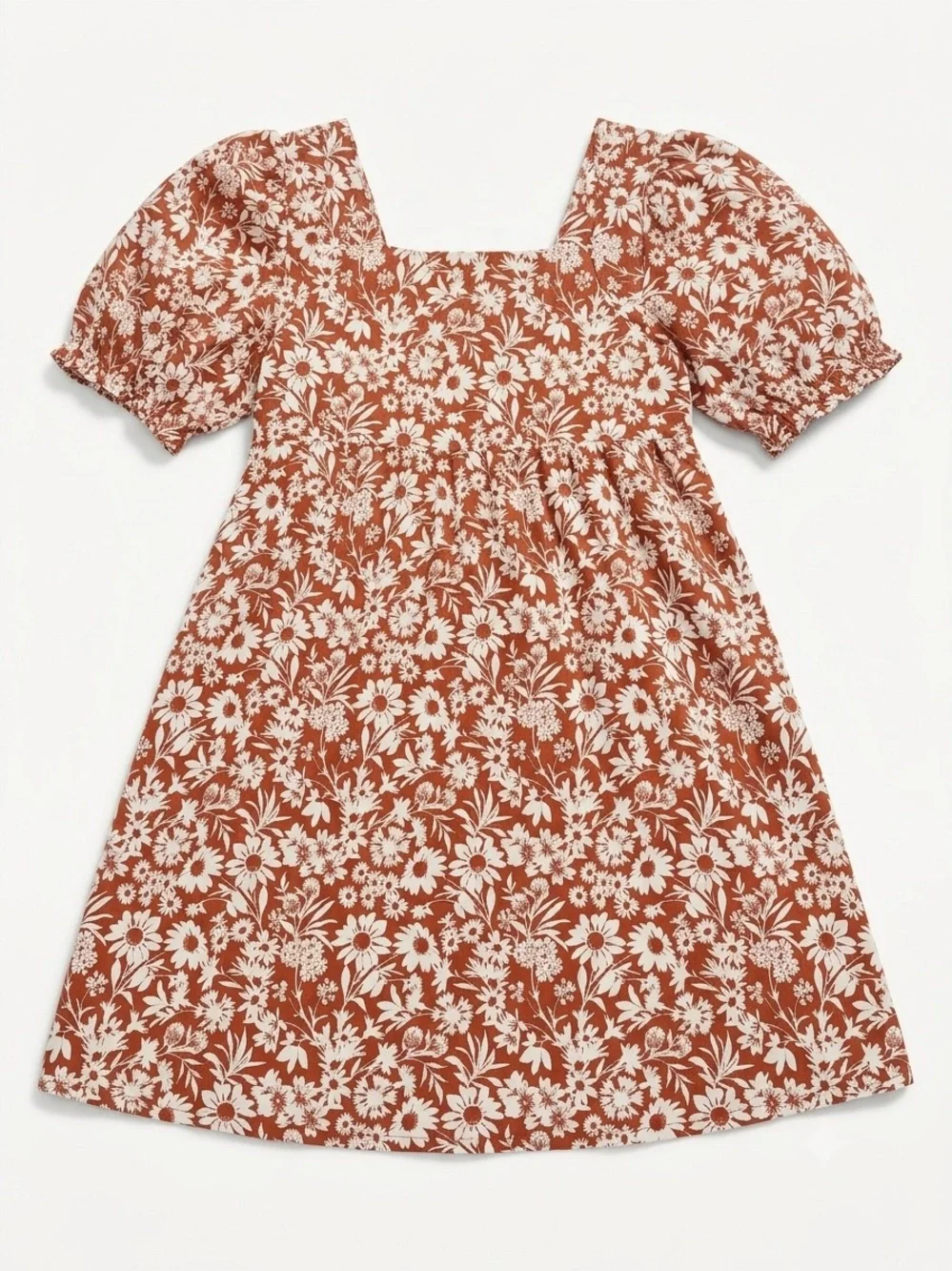 Girls Square-Neck Puff-Sleeve Floral Dress in Rust and Cream